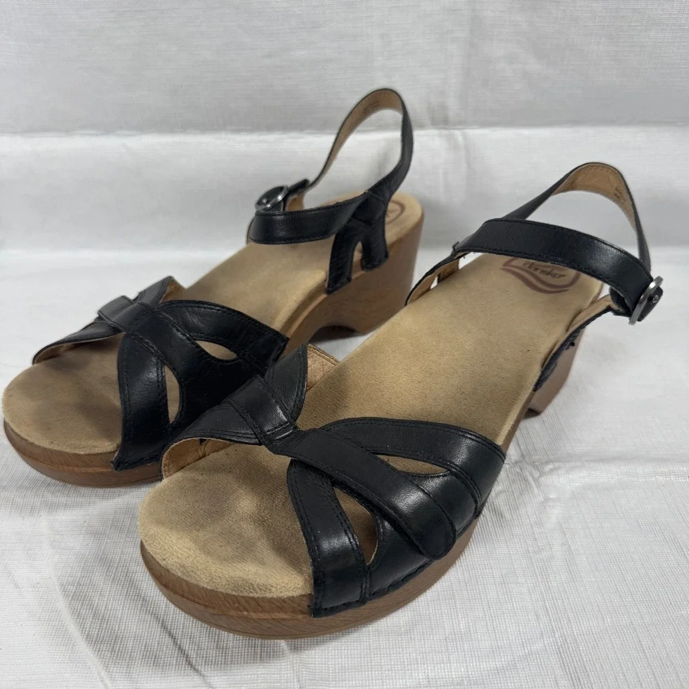 Dansko Womens Tiffani Black Leather Wedge Sandals 9849022200 Size 41 US 9.5